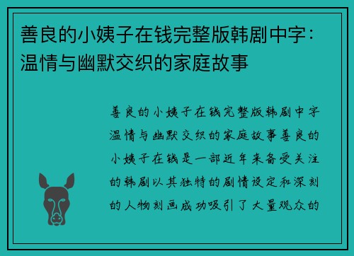 善良的小姨子在钱完整版韩剧中字：温情与幽默交织的家庭故事